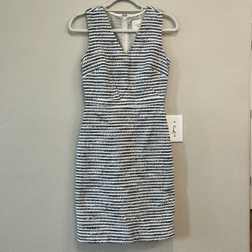 JCrew 00 work dress, white/navy stripe. Well structured, fully lined.